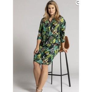 Ulla Popken Kaftan Tropical Jungle Print Notch Neck Dress 24/26